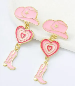 Fashion Jewelry Gold-tone Pink Enamel Cowgirl Dangle Earrings thumbnail 1