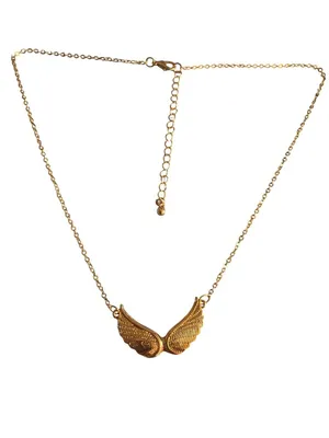Gold Tone Angel Wings Pendant Necklace Textured Dainty 15" + 3" extender thumbnail 4