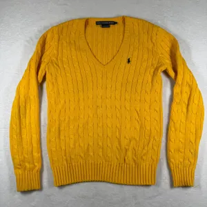 Ralph Lauren Sport Pony Logo Yellow Cable Knit V-Neck Cotton Sweater Sz‎ Large thumbnail 1