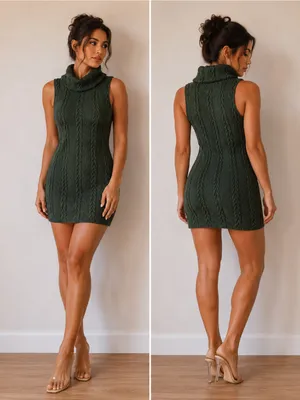 Windsor Sleeveless Cable Knit Turtleneck Dress in Dark Green, Size XS thumbnail 8
