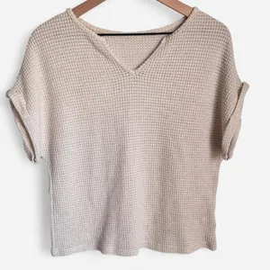 Cream Waffle Knit V Neck Top Short Sleeve Cuffed Thermal Shirt Sz L thumbnail 1