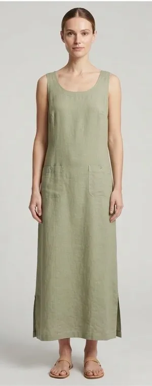 Cherokee Sage Green Linen Rayon Maxi Dress Tank Sleeveless Patch Pockets Large thumbnail 1