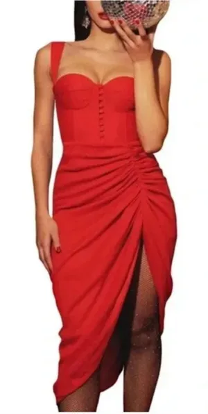 ADEIRLINA Its Showtime Corset Ruched Midi Dress Red NWT XS‎ thumbnail 1