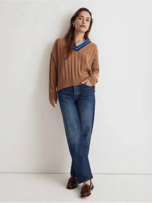 Madewell Tipped V-Neck Oversized Wool Blend Sweater XS Heather Caramel Blue thumbnail 2