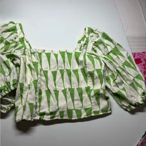 Anthropologie Maison d’Amé Paris Green White Geometric Puff Sleeve Crop Top L thumbnail 6