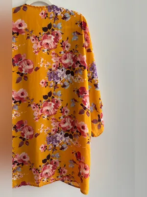 ADORA Golden Yellow Floral Bolero/Kimono Jacket/Cardigan, Size Small thumbnail 12