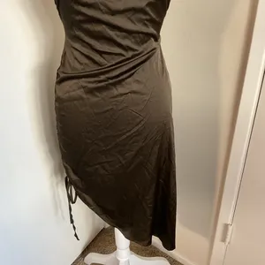 CBR Brown Satin Halter Backless Dress Side Tie Asymmetrical Medium thumbnail 4