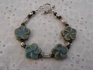 Handmade NEW! Earthy Beaded Toggle Bracelet W Ceramic Flower Beads. 7.25” thumbnail 1