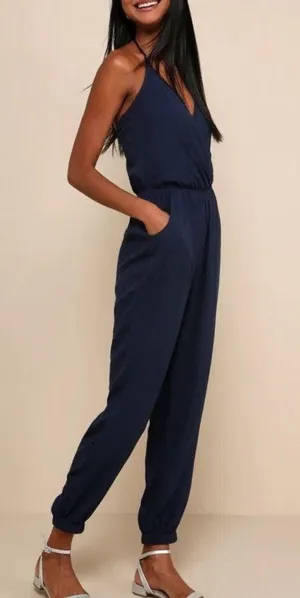 Lulus Learning to Fly Navy Blue Halter Jumpsuit size medium NWT thumbnail 12