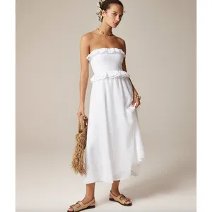 NEW J.Crew Ravenna Dress Ramie Ruffle Lightweight Smocked Midi White Small thumbnail 2