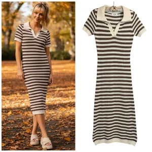 The Workshop Crocheted Midi Dress S Brown Striped Collared Retro Cotton Knit‎ thumbnail 2