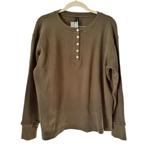 NWOT American Giant Olive Green Waffle Knit Henley Long Sleeve Shirt Womens MED thumbnail 2