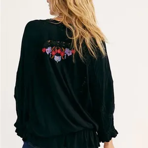 Free People Serafina Black Embroidered Lace Crochet Boho Festival Blouse Top M thumbnail 8