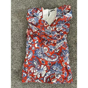 Zara Ruffled red blue white bohemian Paisley Print long sleeve Mini Dress M thumbnail 2