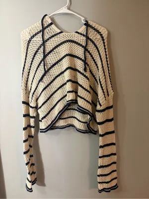 aerie‎ Cream and Navy Striped V-Neck Open-Knit Sweater thumbnail 2