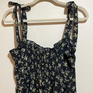 o.p.t. Toile De Jouy Midi Dress Ruffle Tie Straps Black Floral Size Large thumbnail 10