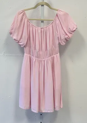 Fashion Pink Puff Sleeve Smocked Waist Mini Dress Cottagecore Pockets Small thumbnail 1