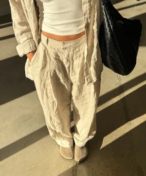 100% Linen Beige Wide Leg Trouser Tan thumbnail 1
