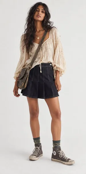 We the Free Black Pleated Denim Mini Skirt Size 25 New thumbnail 1