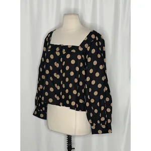 NWT!! J. CREW Linen Polka Dot Square Neck Blouse Black Tan Top Preppy Medium thumbnail 4