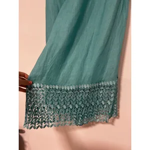 LERMAJ Vintage Teal Linen Blend Two Piece Set Lace Wrap Top Wide Leg Pants M/L thumbnail 13