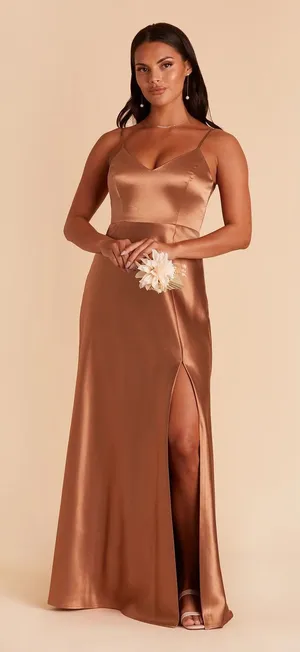 Birdy Grey Jay Dress Shiny Satin Rust Orange Bridesmaid Formal‎ Maxi Slit Size L thumbnail 1