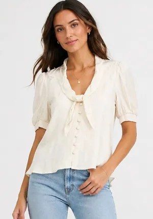 Reformation Cream tie neck blouse NEW thumbnail 1