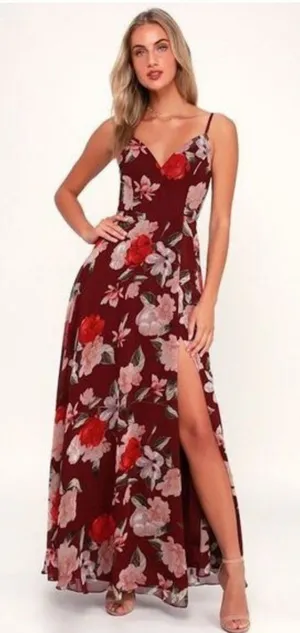 Lulus Into Bloom Burgundy Floral Print Maxi Dress size X Small thumbnail 1