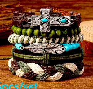 Bohemian Faux Leather Bracelet Set Cross‎ & Feather Charms Adjustable Handwoven thumbnail 1
