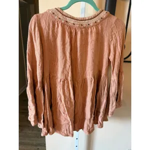 Altar'd State Boho Beaded Peasant Blouse Terracotta Bell Sleeve Top Small thumbnail 6