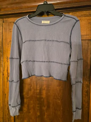 Urban Outfitters Steel Blue Long-Sleeve Waffle Crop Top thumbnail 1