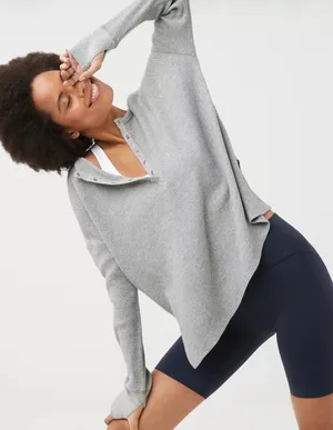 Aerie Offline Wow! Waffle Henley Long Sleeve Shirt Grey Size Small thumbnail 1
