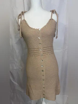 Tie-Shoulder Knit Mini Dress in Tan thumbnail 2