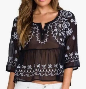 Free People Pennies Squel Navy Sheer Embroidered Top Size Small thumbnail 1