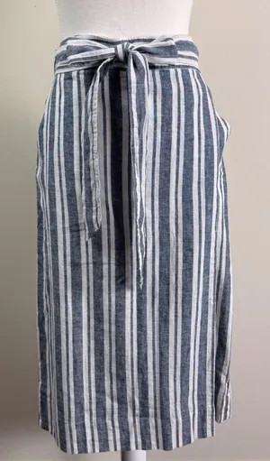 GAP Blue White Striped Linen Blend Wrap Midi Skirt Tie Waist Pockets Nautical thumbnail 1