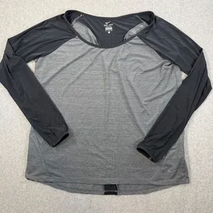 Nike Dri-Fit Women's XL Long Sleeve Active Shirt Grey Black Running Yoga Top thumbnail 1