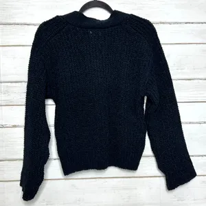 POL Chunky Knit Cardigan Sweater Small Black Flower Button Front Boho Textured thumbnail 3
