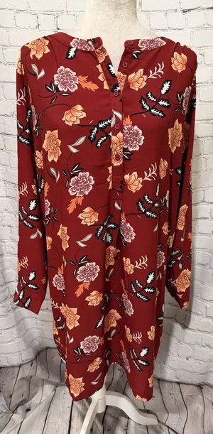 Ann Taylor LOFT Floral Long Sleeve Red Dress Size Large thumbnail 1