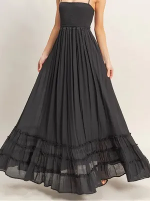 HYFVE Black Halter Smocked Maxi Dress with Tiered Ruffle Hem L thumbnail 4