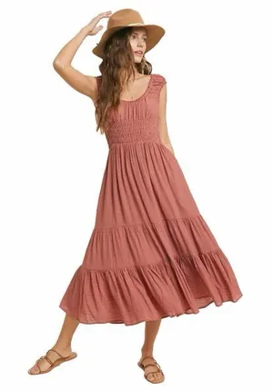 Mauve Smocked Tiered Midi Dress - Boho Romantic Ruffle Cap Sleeve Dream Medium thumbnail 1
