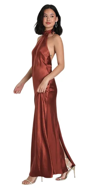 Lulus Love in Your Life Rust Brown Satin Halter Maxi Dress size Small NWT thumbnail 1