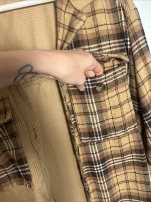 No Comment Two-Tone Tan Corduroy & Plaid Shacket thumbnail 3