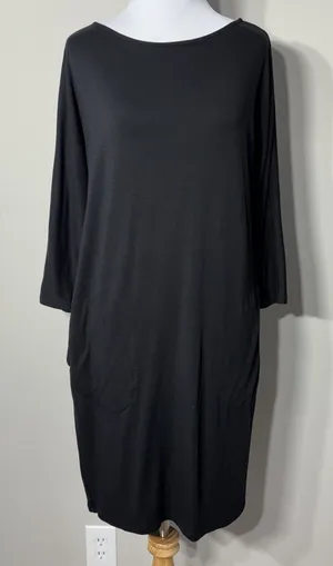 Garnet Hill‎ Tunic Dress XS Black 3/4 Sleeve Stretch Minimalist Tencel Lyocell thumbnail 1