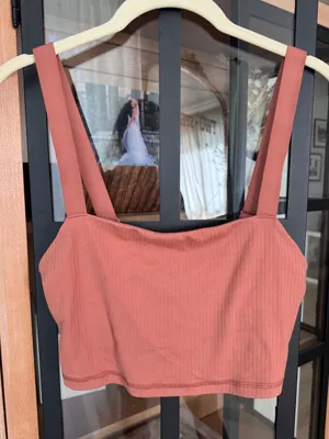 Aerie real me sports bra long line top crop workout ribbed rust twilight square thumbnail 2