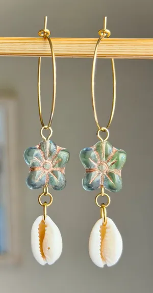 Handmade quality Czech glass flower beads & natural cowrie seashell hoop dangle earrings 🌀💕 thumbnail 1