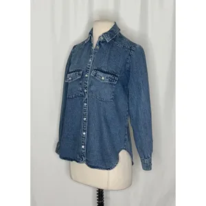 Anthropologie PILCRO Dannie Classic Denim Shirt Western Snap Puff Sleeve XXS thumbnail 6