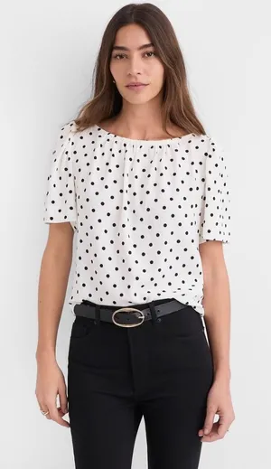 LOFT Womens Polka Dot Short Puff Sleeve Textured Blouse White Black Size M NEW thumbnail 1