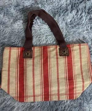 Striped Red and Cream Canvas Tote with Brown Handles thumbnail 1