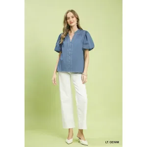 Umgee Denim Button Front Puff Sleeve Boho Blouse - Large thumbnail 5