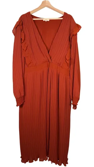 Girl Soul Rust‎ Orange Pleated Ruffle V Neck Long Sleeve Maxi Dress Plus Size 3X thumbnail 1